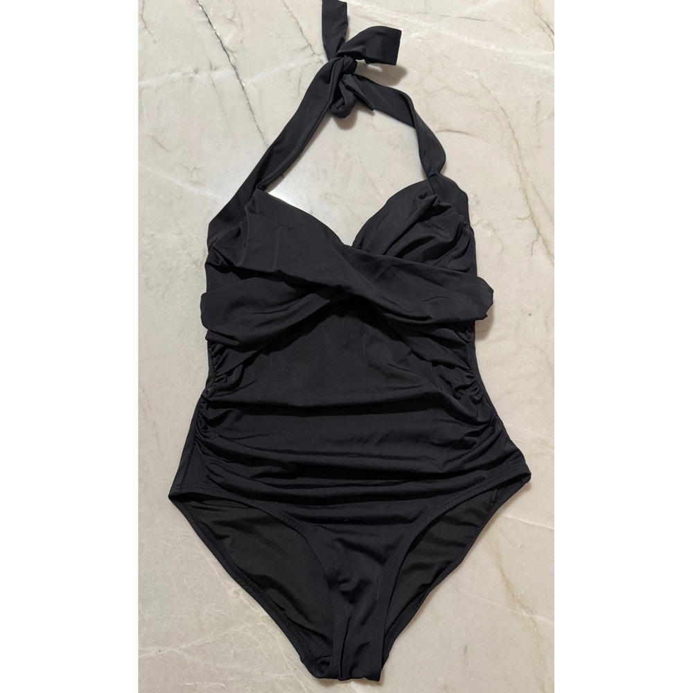 Coastal‎ Blue Womens Black Twist Front Ruched Halter One Piece Swimsuit XS 0-2